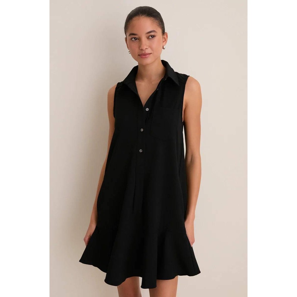 Tuckernuck Callahan Shirt Mini Dress Black Crepe Sleeveless Ruffle Hem L